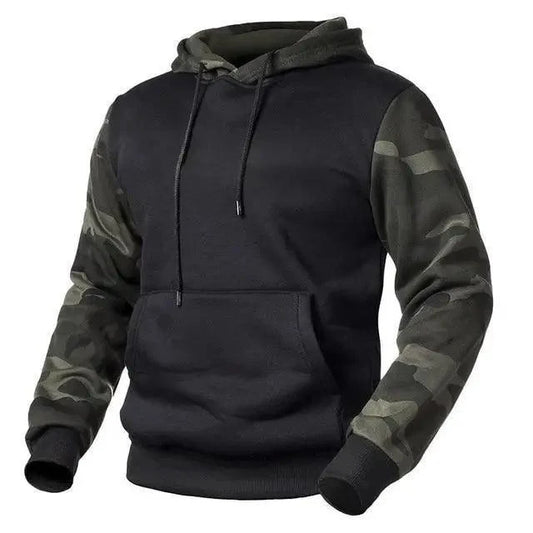 Stevvex men's camo sleeve fleece hoodie, black body, hooded pullover with front pocket on Tampa Home & Garden Store