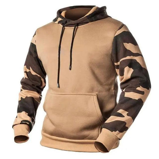 Camo fleece hoodie Stevvex with tan torso and camo sleeves pullover sweatshirt on Tampa Home & Garden Store