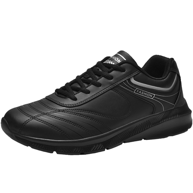 Sneakers Stevvex black leather, casual lace-up road running shoes with stitched panels on Tampa Home & Garden Store