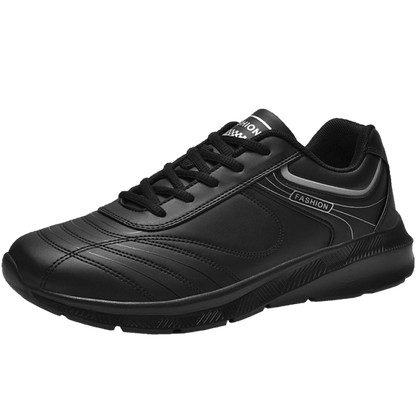 Sneakers Stevvex black leather, casual lace-up road running shoes with stitched panels on Tampa Home & Garden Store