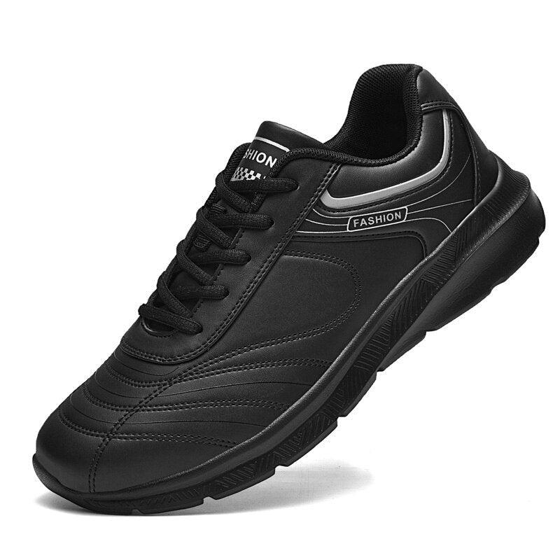 Stevvex black leather sneakers with lace-up front and rugged sole on Tampa Home & Garden Store