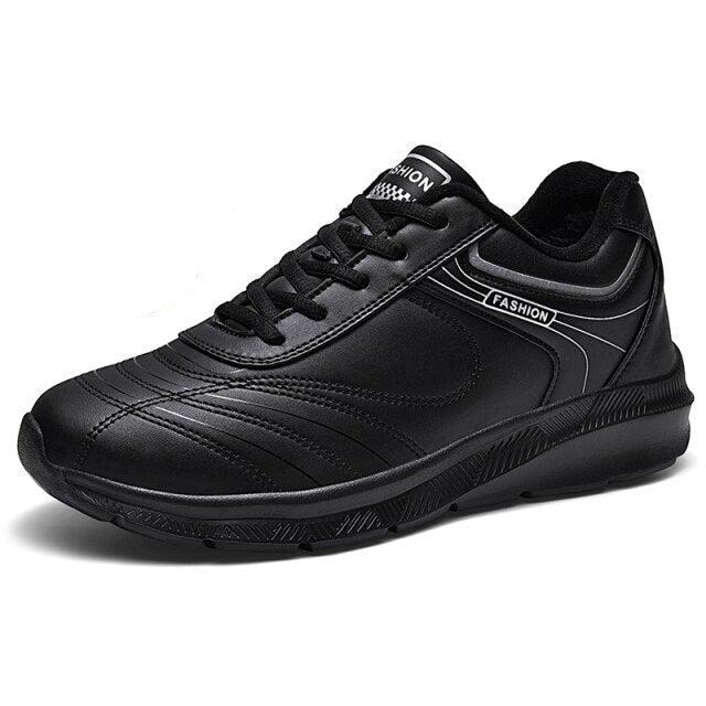 Stevvex men's black leather sneakers, lace-up athletic casual road shoe on Tampa Home & Garden Store