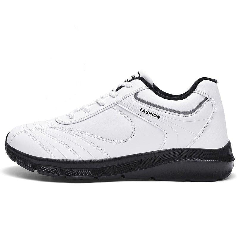 Stevvex white sneakers, lace-up athletic road running shoe with black sole on Tampa Home & Garden Store