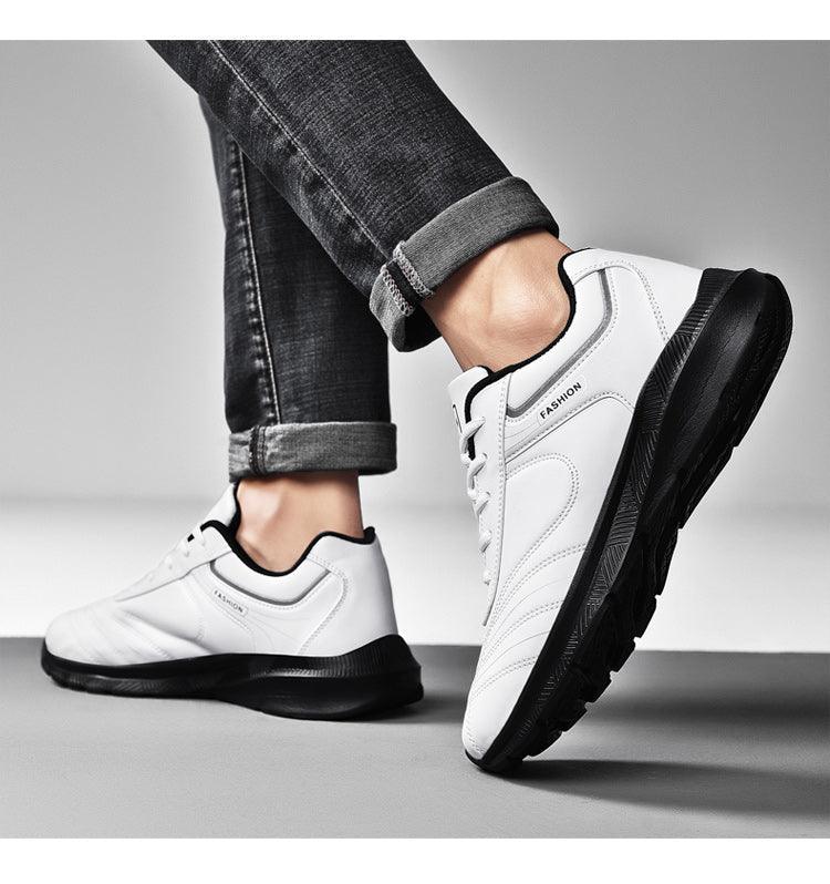 White leather sneakers by Stevvex for men with black sole, lace-up casual sport shoes on Tampa Home & Garden Store