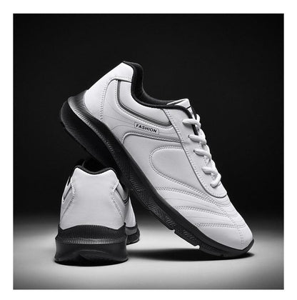 Stevvex white sneakers, lace-up athletic casual shoes with black sole on Tampa Home & Garden Store