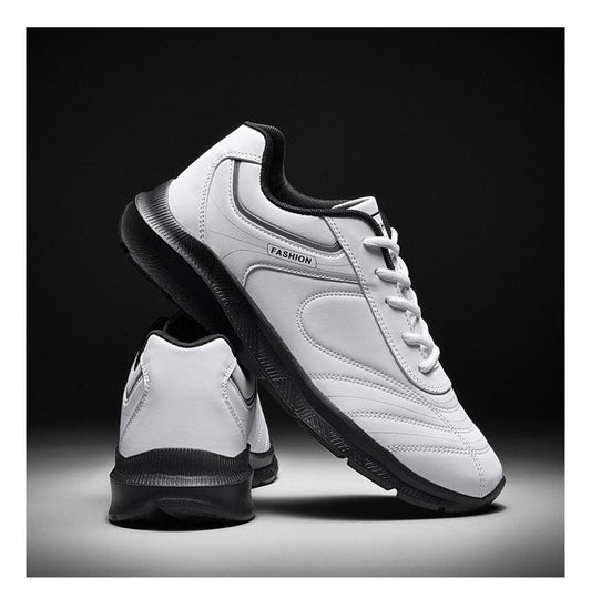 Stevvex white sneakers, lace-up athletic casual shoes with black sole on Tampa Home & Garden Store