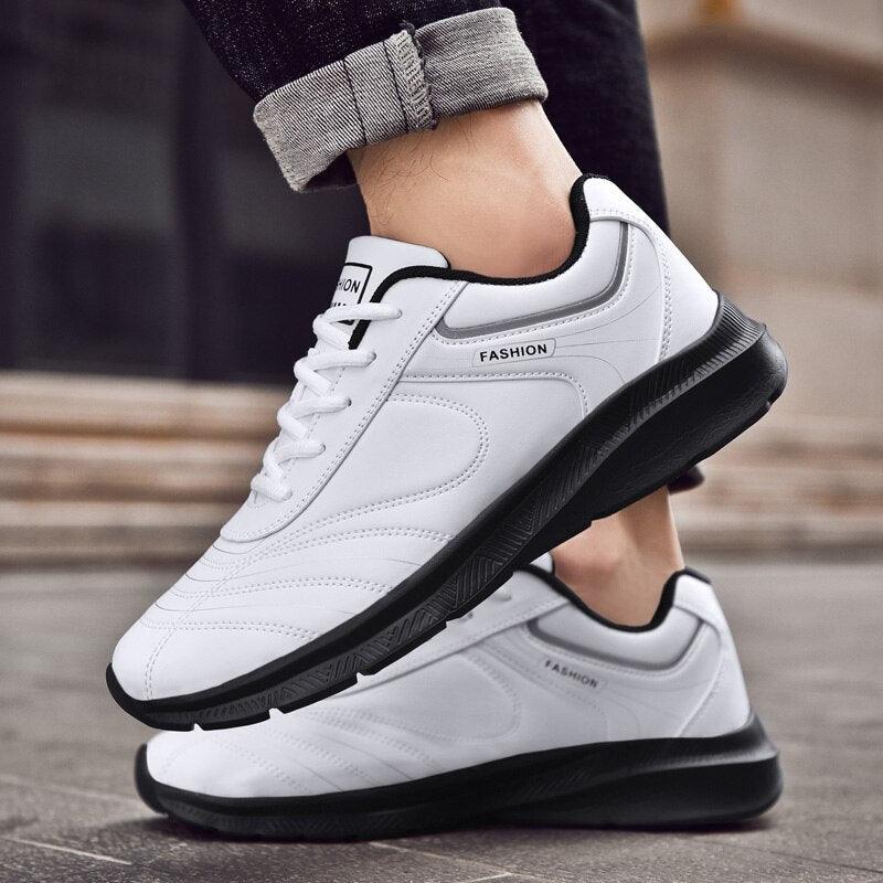 Stevvex white leather sneakers with black sole, lace-up casual athletic shoes on Tampa Home & Garden Store
