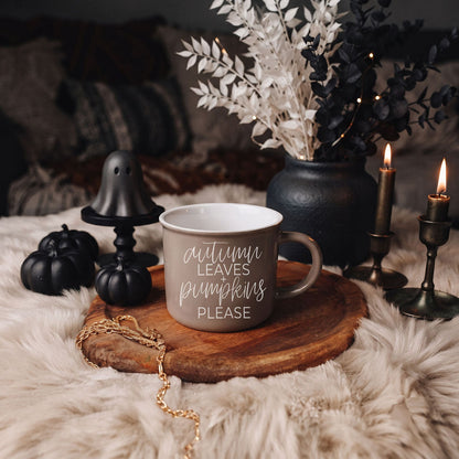 Autumn Leaves mug by Gia Roma, gray ceramic coffee mug with white script on Tampa Home & Garden Store