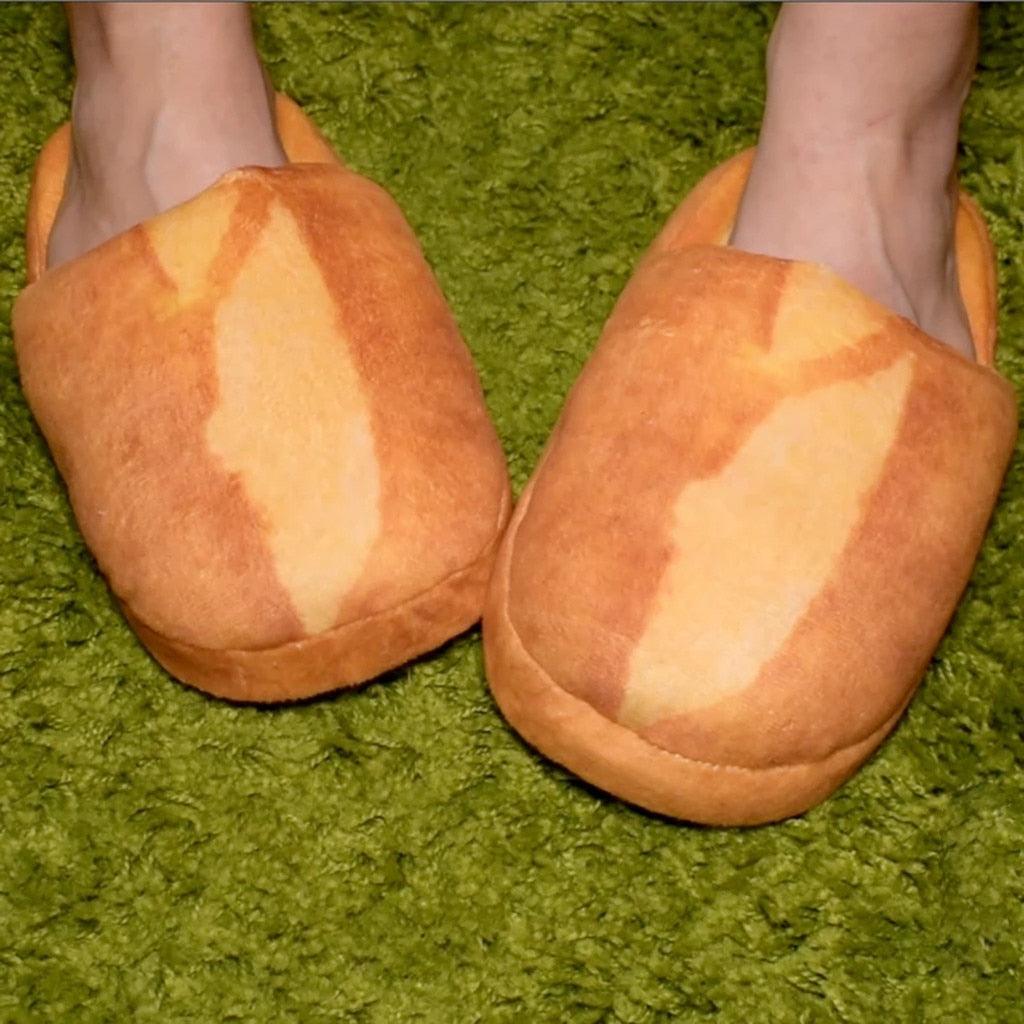 Women bread-bun plush slippers pair, tan with lighter center stripe, memory foam on Tampa Home & Garden Store