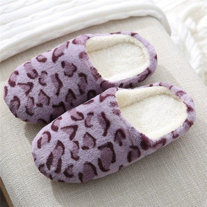 Stevvex lavender leopard print plush fleece slippers pair with lining slip-on indoor shoes on Tampa Home & Garden Store