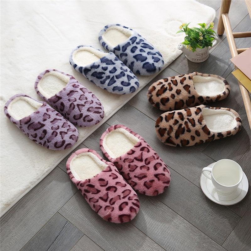 Leopard-print plush indoor slippers, six pairs in purple, blue, pink and brown with fleece lining on Tampa Home & Garden Store
