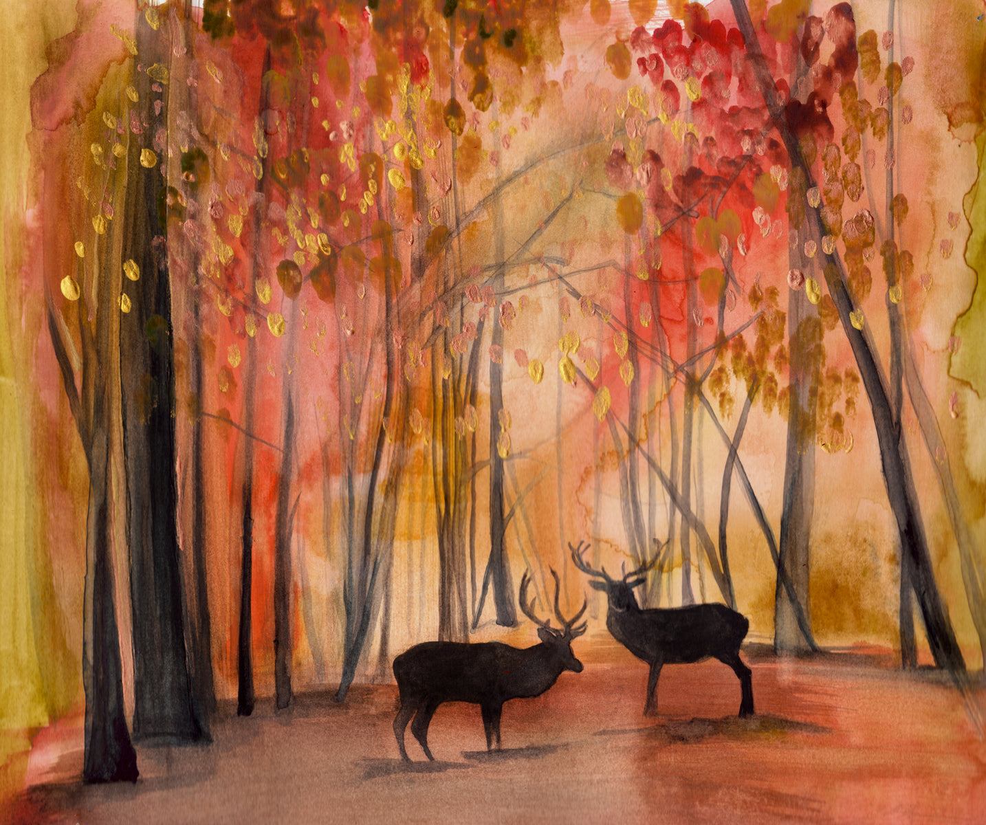 Autumn Art Print warm fall foliage forest scene with two deer silhouettes on Tampa Home & Garden Store