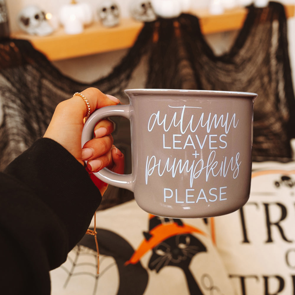 Autumn Leaves coffee mug gray ceramic Gia Roma with white script on Tampa Home & Garden Store