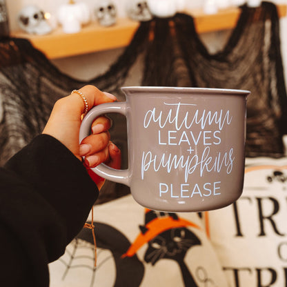 Autumn Leaves coffee mug gray ceramic Gia Roma with white script on Tampa Home & Garden Store