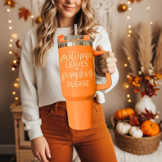 Autumn Leaves 40oz travel mug Gia Roma orange tumbler with lid and straw on Tampa Home & Garden Store