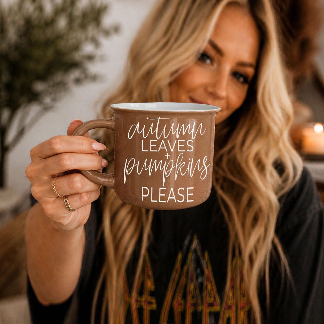 Autumn Leaves coffee mug with white script text on warm brown glaze on Tampa Home & Garden Store