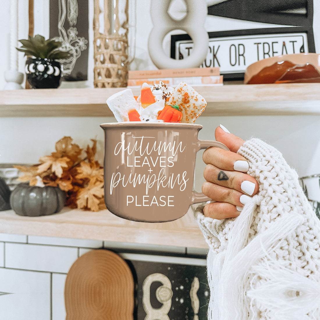 Autumn Leaves coffee mug by Gia Roma, tan ceramic mug with white script text on Tampa Home & Garden Store