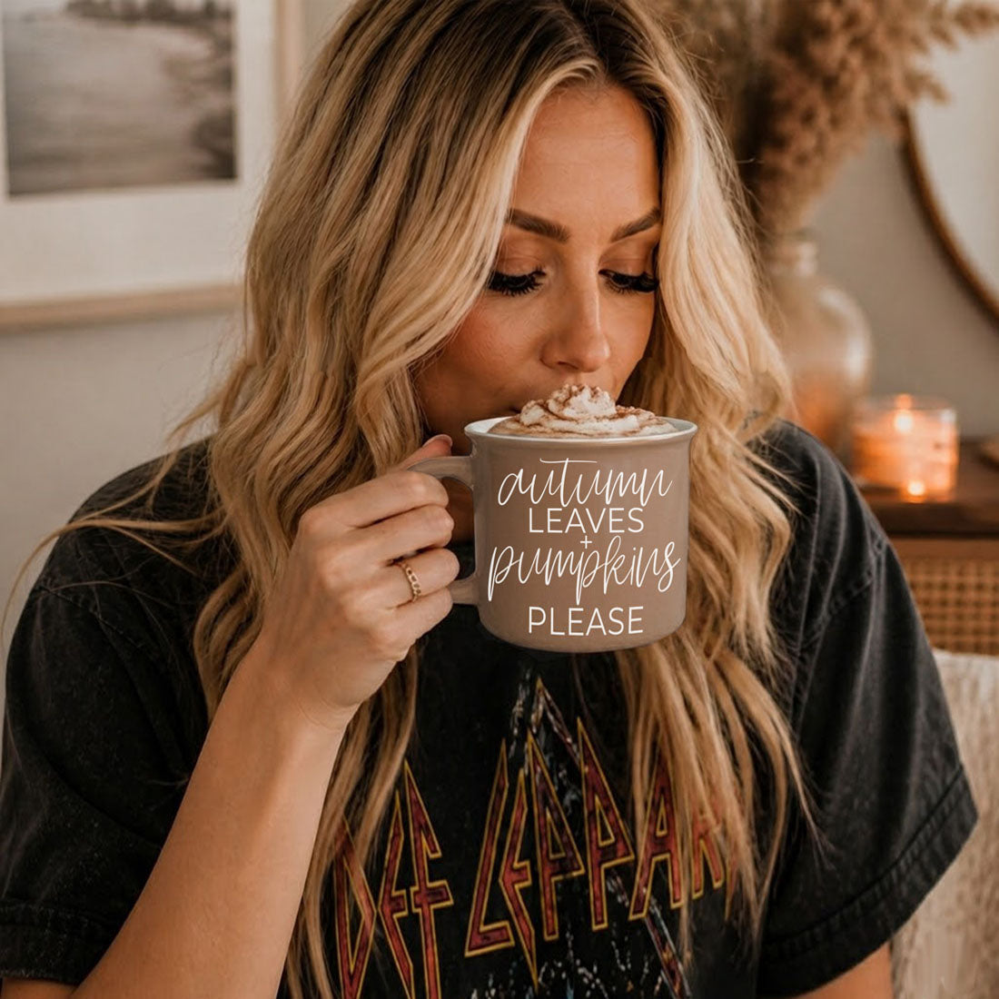 Autumn Leaves mug by Gia Roma in gray with white script text autumn leaves pumpkins please on Tampa Home & Garden Store