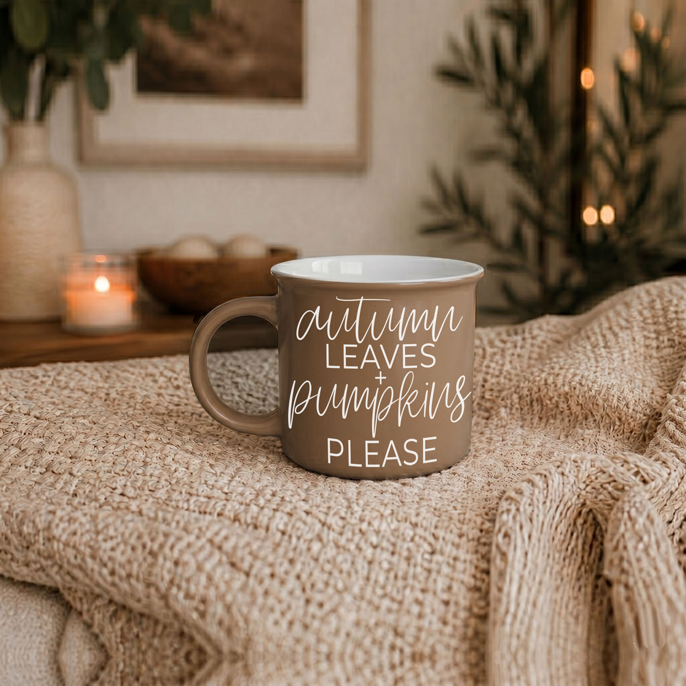 Autumn Leaves coffee mug taupe ceramic with white script text on Tampa Home & Garden Store