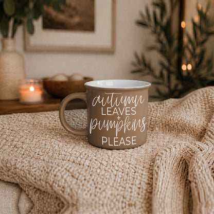 Autumn Leaves coffee mug taupe ceramic with white script text on Tampa Home & Garden Store