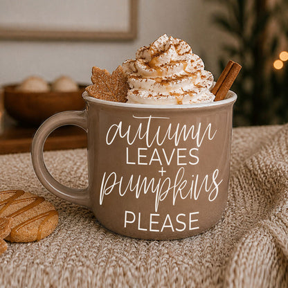 Gia Roma Autumn Leaves mug in taupe with whipped cream, cinnamon sticks and a leaf cookie on Tampa Home & Garden Store