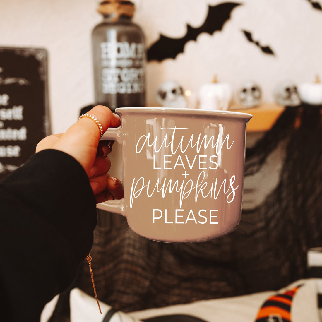 Autumn Leaves pink ceramic coffee mug with script pumpkins please on Tampa Home & Garden Store