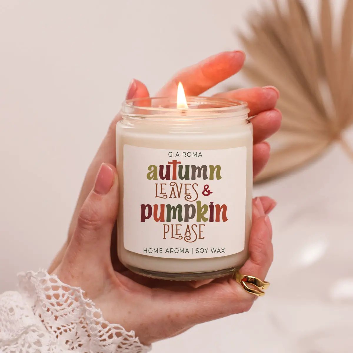 Toasted Pumpkin Spice Candle With Autumn Leaves