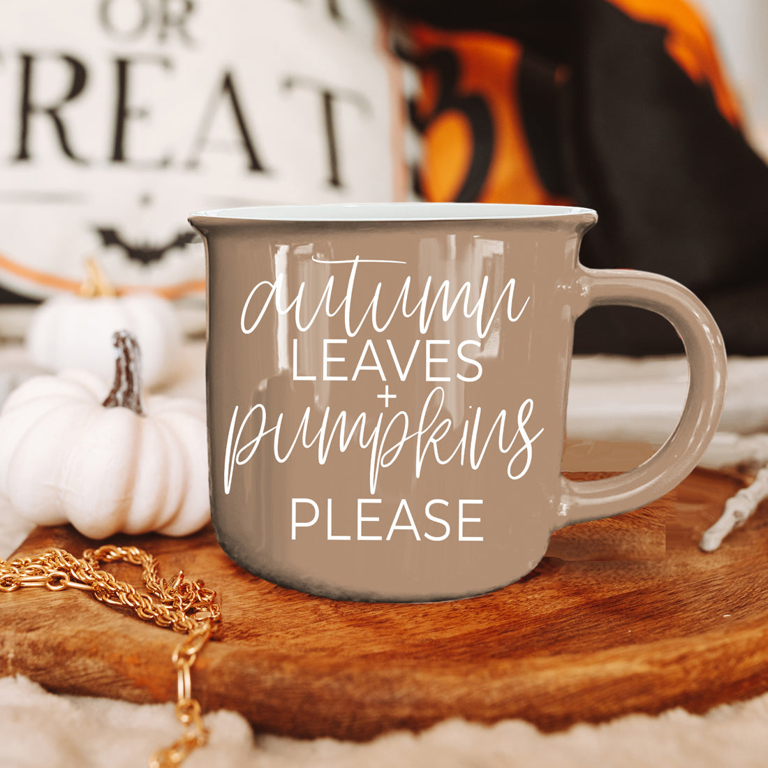 Autumn Leaves coffee mug by Gia Roma in taupe with white script on Tampa Home & Garden Store