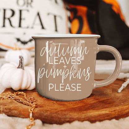 Autumn Leaves coffee mug by Gia Roma in taupe with white script on Tampa Home & Garden Store