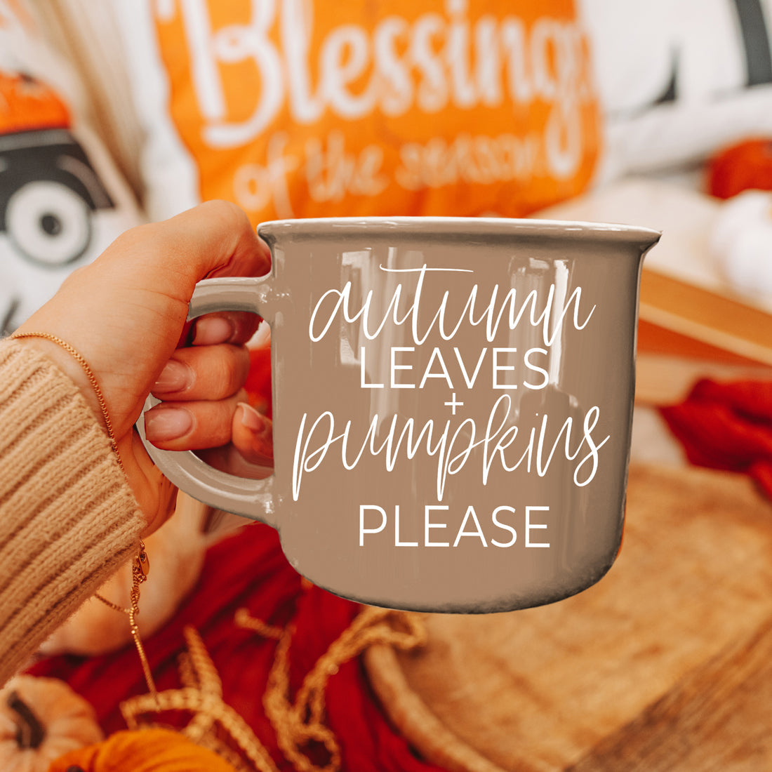 Autumn Leaves mug Gia Roma taupe glaze with script reads autumn leaves + pumpkins please on Tampa Home & Garden Store