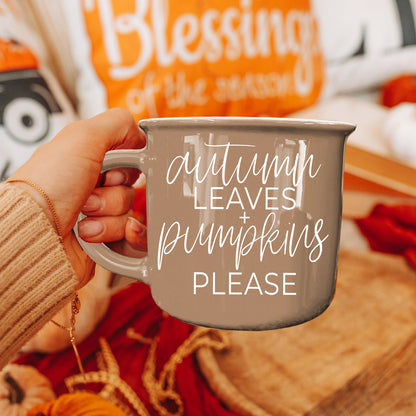 Autumn Leaves mug Gia Roma taupe glaze with script reads autumn leaves + pumpkins please on Tampa Home & Garden Store