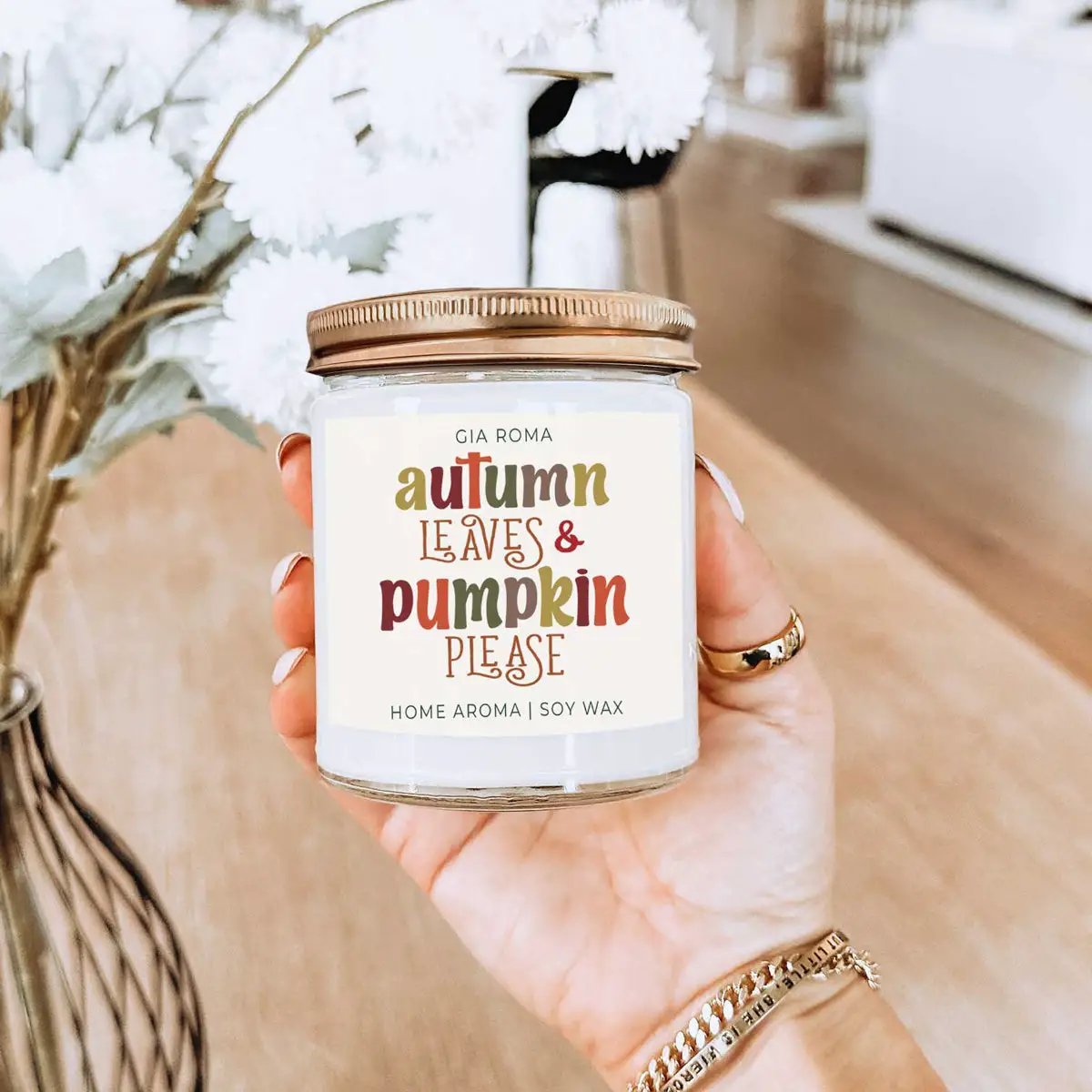 Toasted Pumpkin Spice Candle With Autumn Leaves