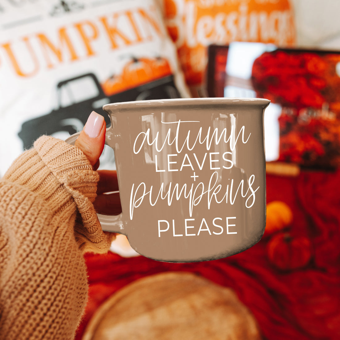 Autumn Leaves coffee mug by Gia Roma, taupe ceramic with white script text on Tampa Home & Garden Store