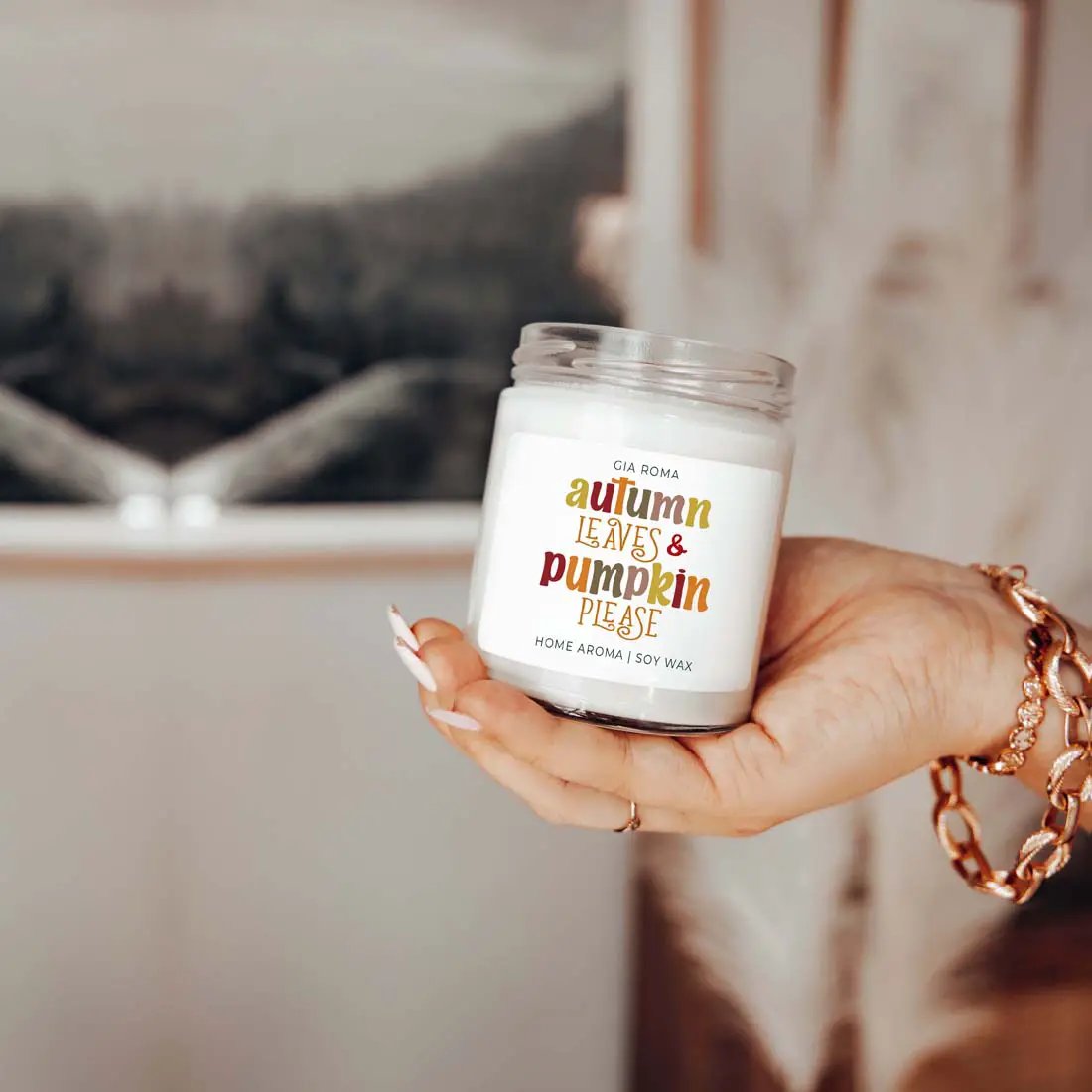 Toasted Pumpkin Spice Candle With Autumn Leaves