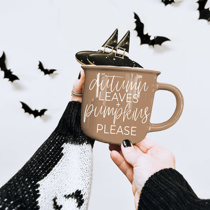 Autumn Leaves mug Gia Roma; taupe ceramic with white script + pumpkins please, black boot toppers on Tampa Home & Garden Store