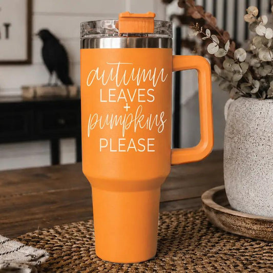 Autumn Leaves 40oz travel mug by Gia Roma, orange tumbler with lid and handle on Tampa Home & Garden Store