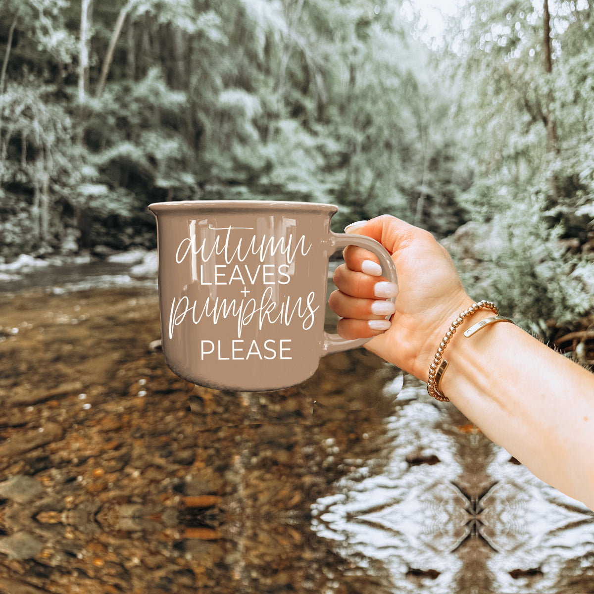 Mug Gia Roma autumn leaves pumpkins design in taupe with white script on Tampa Home & Garden Store