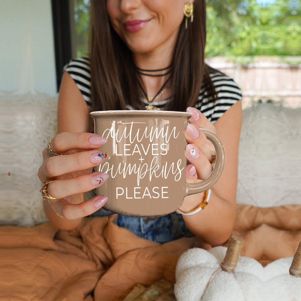 Autumn Leaves coffee mug by Gia Roma in taupe with white script pumpkins please on Tampa Home & Garden Store
