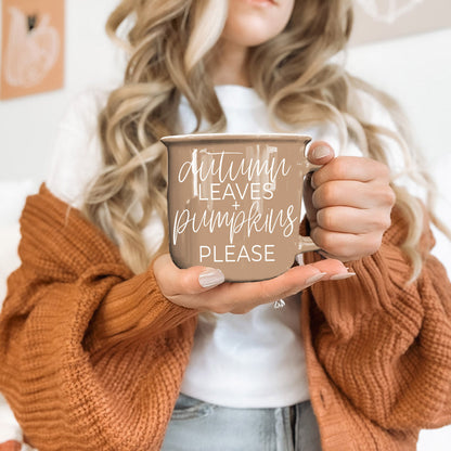 Autumn Leaves mug by Gia Roma, taupe ceramic with white script on Tampa Home & Garden Store