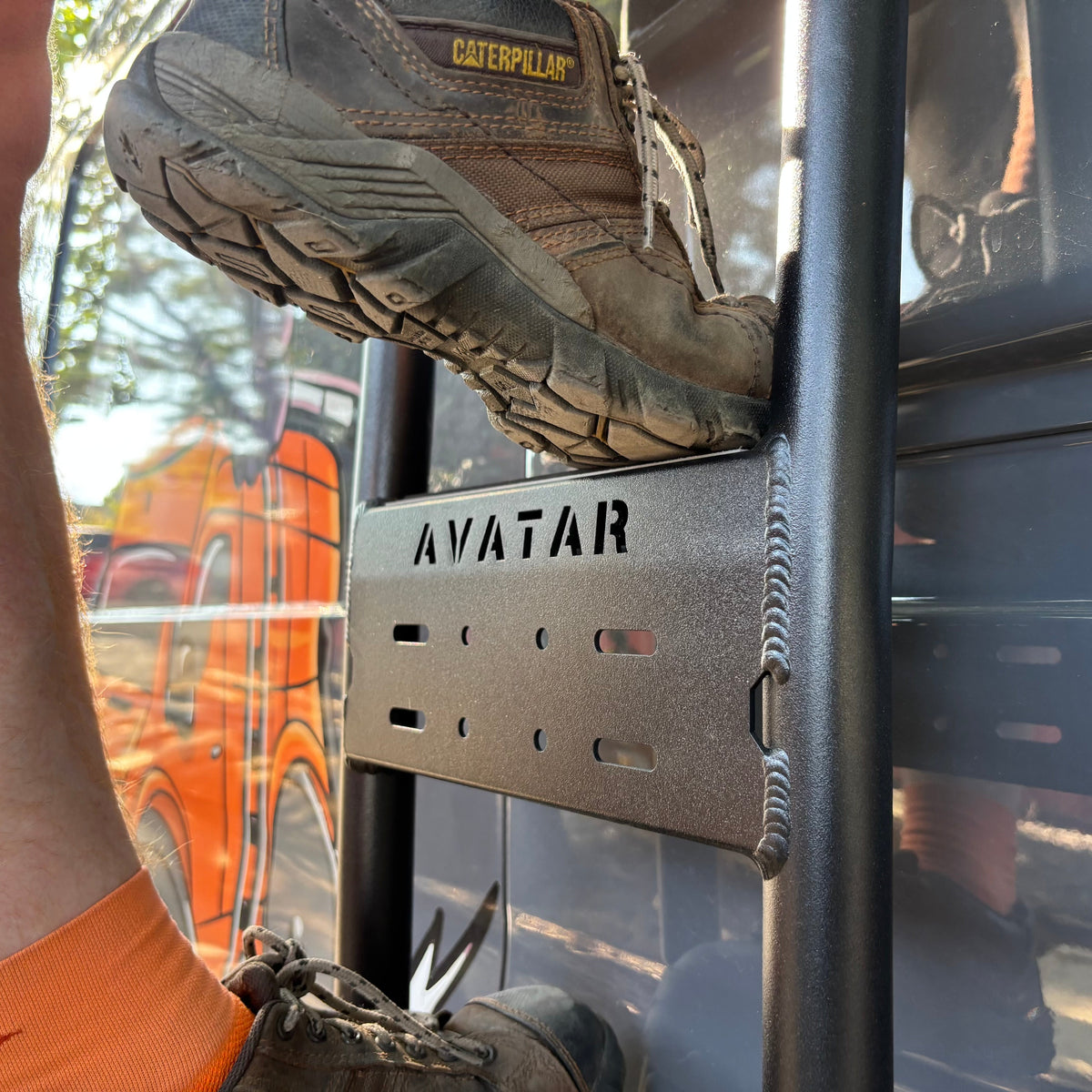 Mercedes Sprinter Van Side Ladder by Avatar Offroad; black steel bracket on Tampa Home & Garden Store