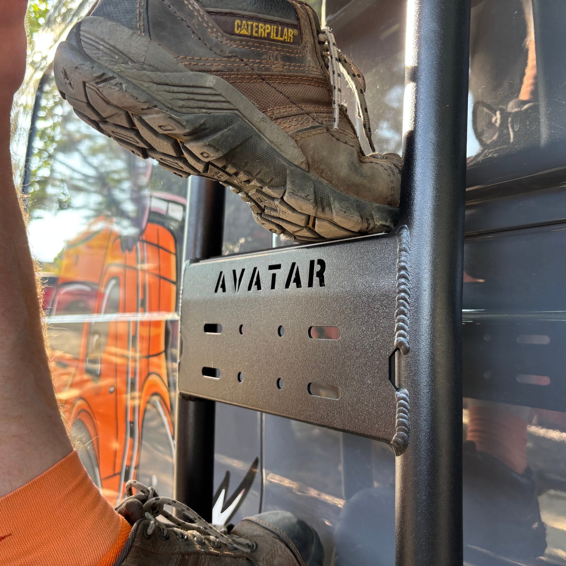 Mercedes Sprinter Van Side Ladder by Avatar Offroad; black steel bracket on Tampa Home & Garden Store