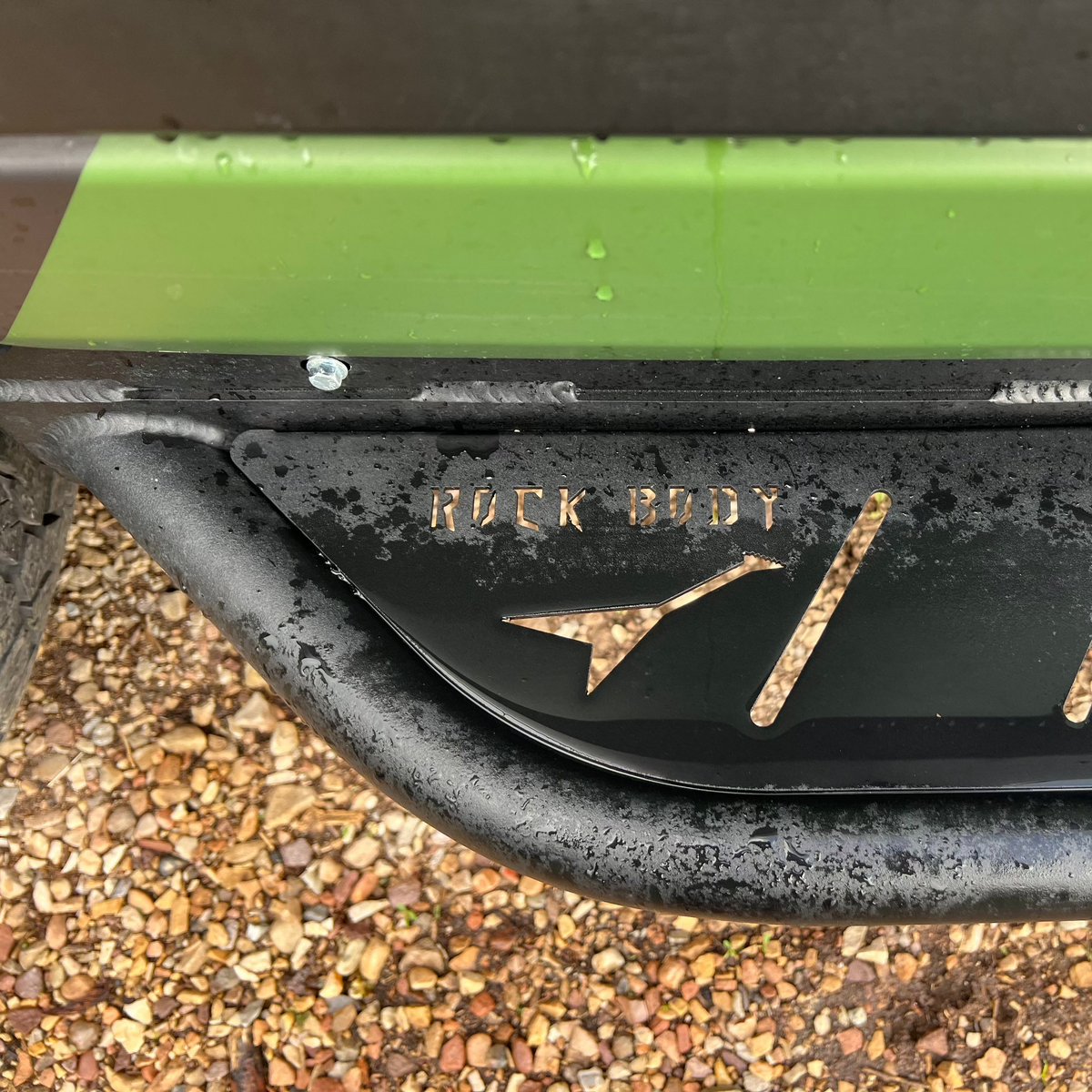 Avatar Ford Transit Rockbody Side Steps lime green metal steps with black mounting bracket on Tampa Home & Garden Store