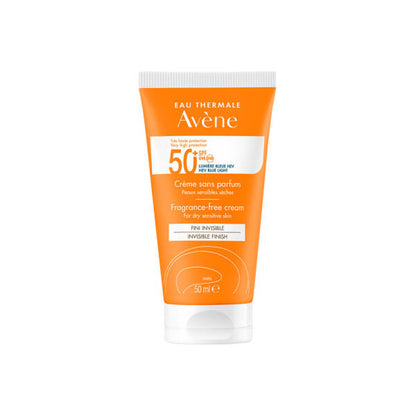 Sunscreen Avène fragrance-free SPF50+ cream for dry skin, water-resistant orange tube on Tampa Home & Garden Store