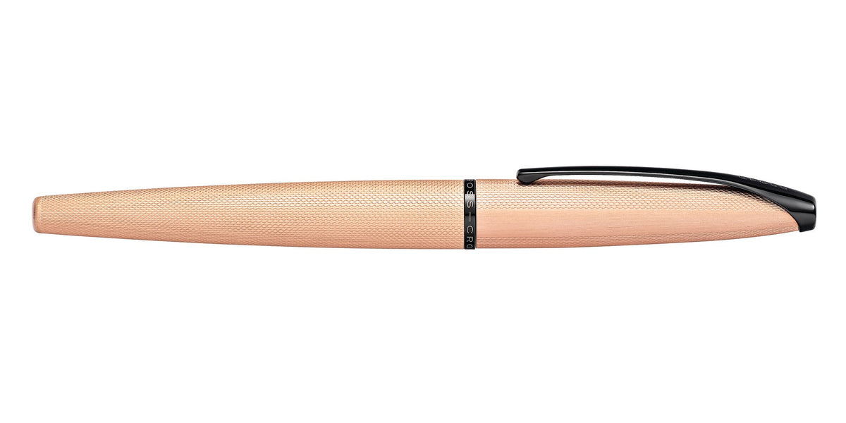 ATX Brushed Rose Gold rollerball pen by A.T. Cross, rose-gold brushed metal body with black cap on Tampa Home & Garden Store