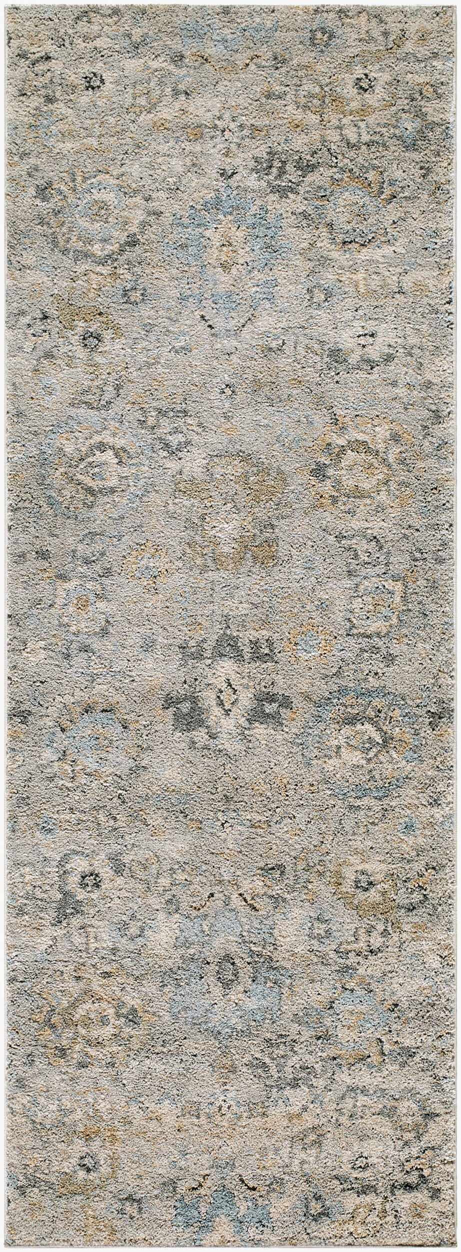 Tirfe Thick Luxe Rug by Boutique Rugs, plush gray beige distressed rug with blue accents on Tampa Home & Garden Store