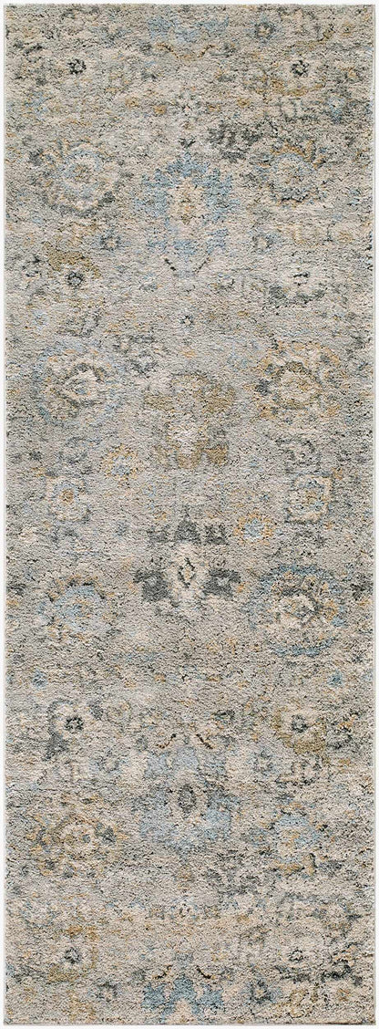 Tirfe Thick Luxe Rug by Boutique Rugs, plush gray beige distressed rug with blue accents on Tampa Home & Garden Store
