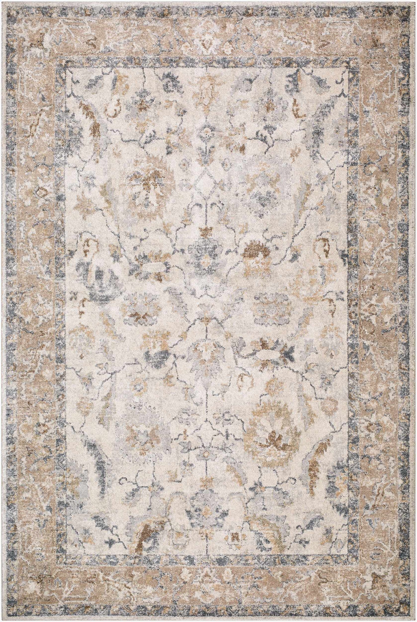 Uriel Thick Luxe Rug beige ivory blue distressed floral motif Boutique Rugs on Tampa Home & Garden Store