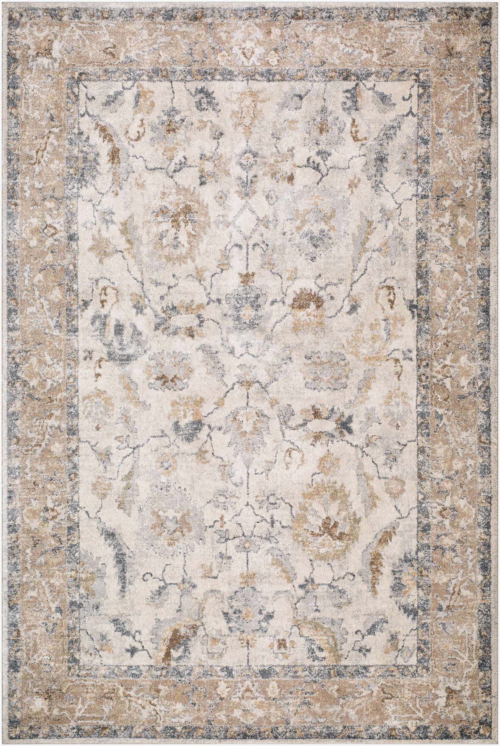 Uriel Thick Luxe Rug beige ivory blue distressed floral motif Boutique Rugs on Tampa Home & Garden Store