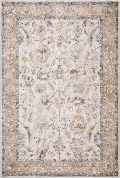 Uriel Thick Luxe Rug beige ivory blue distressed floral motif Boutique Rugs on Tampa Home & Garden Store
