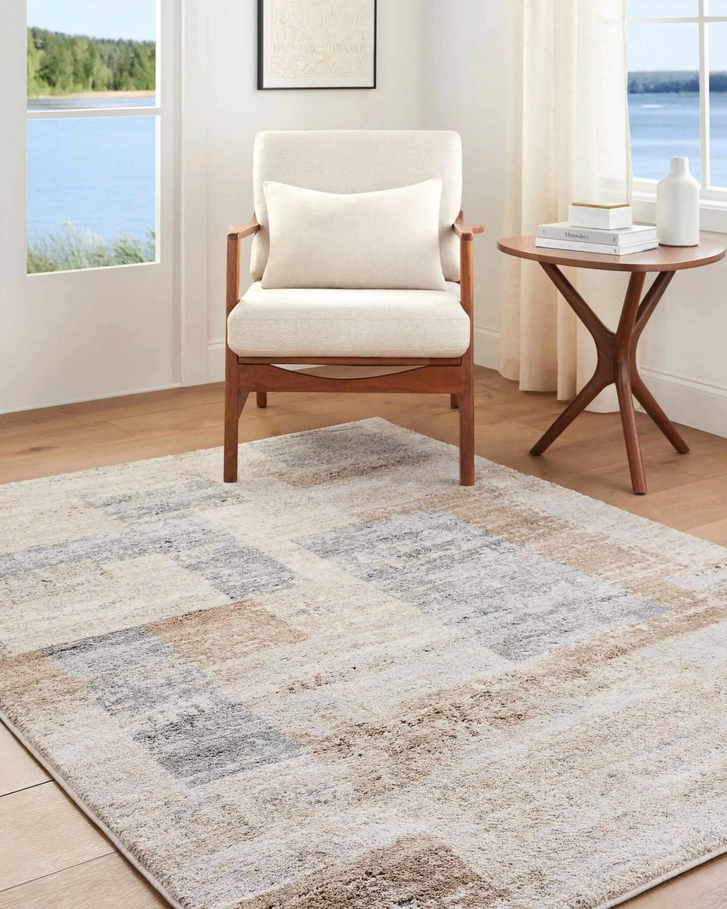Yasma Thick Luxe Rug by Boutique Rugs beige cream tones with plush pile in living room on Tampa Home & Garden Store